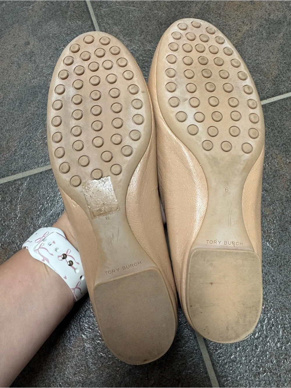 Tory Burch Almond Flour Nude Leather Claire Ballet Flat Logo Slip On Shoes 6